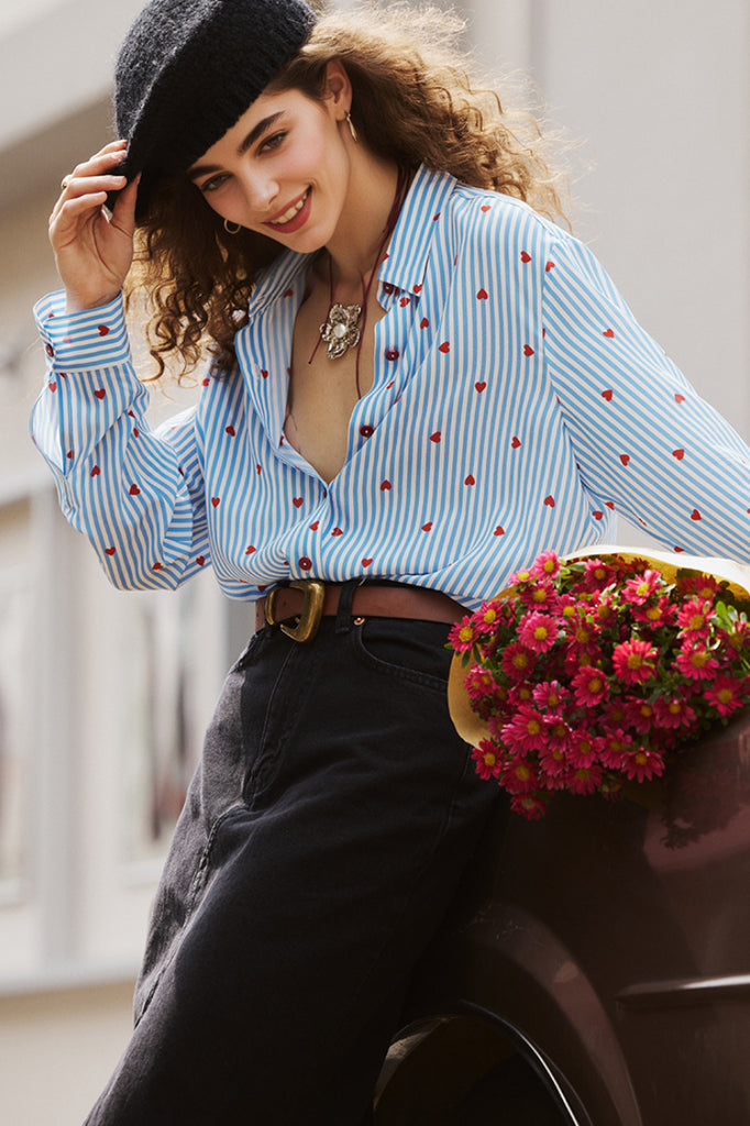 Vintage Silk Double Crepe Heart Striped Button-Up Shirt - Fibflx