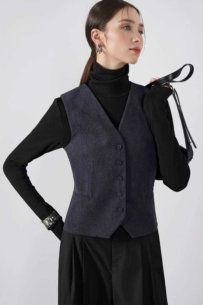 Fibflx Women's Vintage Tailored Corduroy V-Neck Vest
