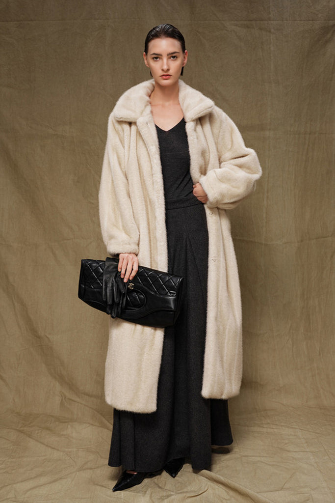 Vintage Vertical Faux Mink Fur Longline Coat Beige / M Fibflx