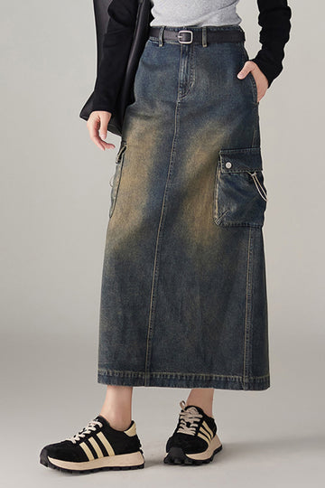 Fibflx Women's Vintage Wahed Denim Cargo Midi Skirt