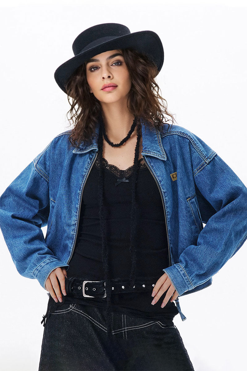Fibflx Women's Vintage Washed Cropped Zip-Up Denim Jacket