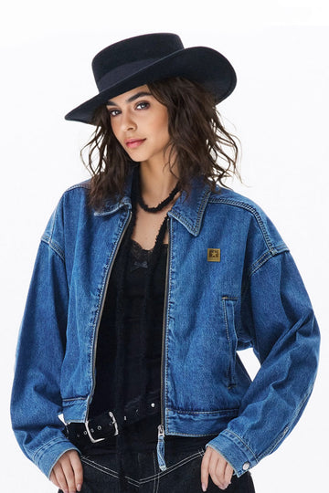 Fibflx Women's Vintage Washed Cropped Zip-Up Denim Jacket