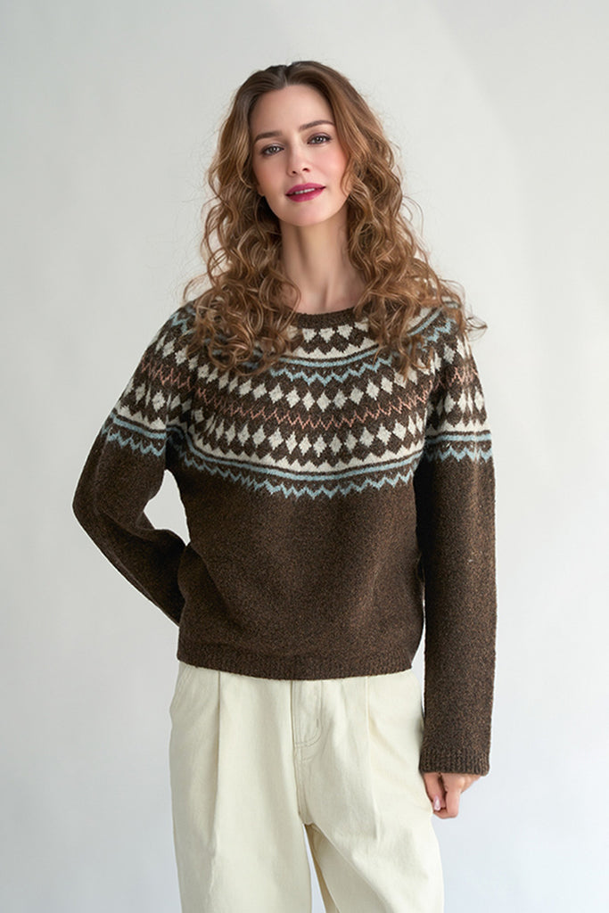 Fibflx Women's Vintage Wool Blend Fair Isle Crewneck Sweater