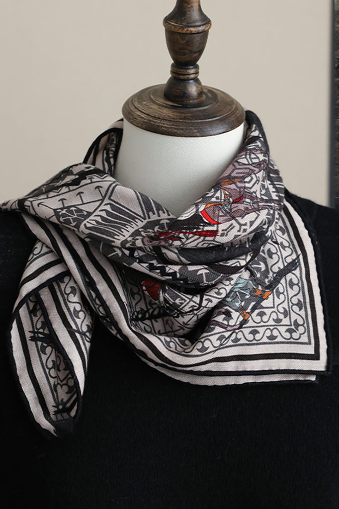 Vintage Wool-Silk Square Bandana with Warhorse Print  Fibflx