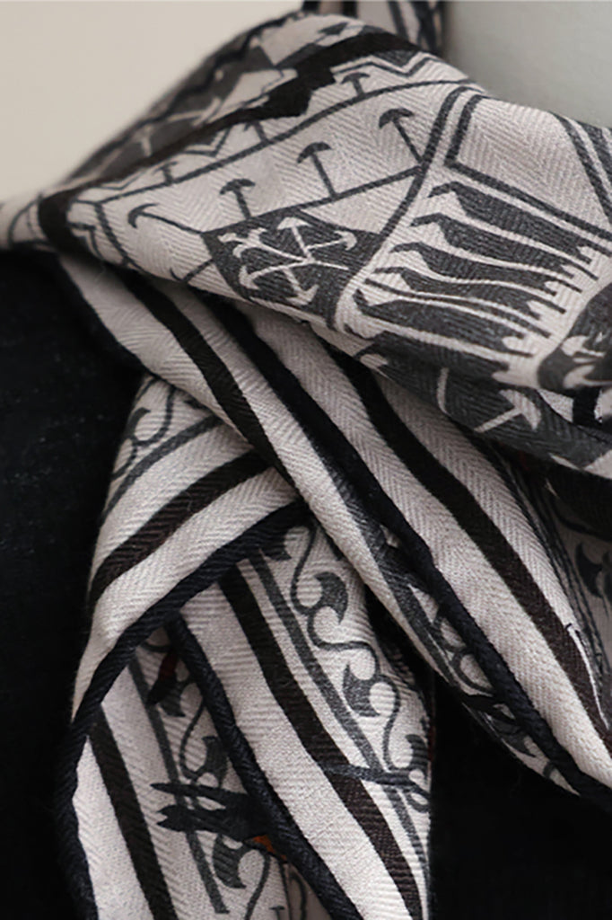 Vintage Wool-Silk Square Bandana with Warhorse Print  Fibflx