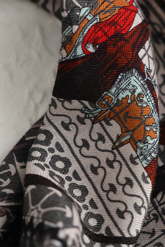 Vintage Wool-Silk Square Bandana with Warhorse Print  Fibflx