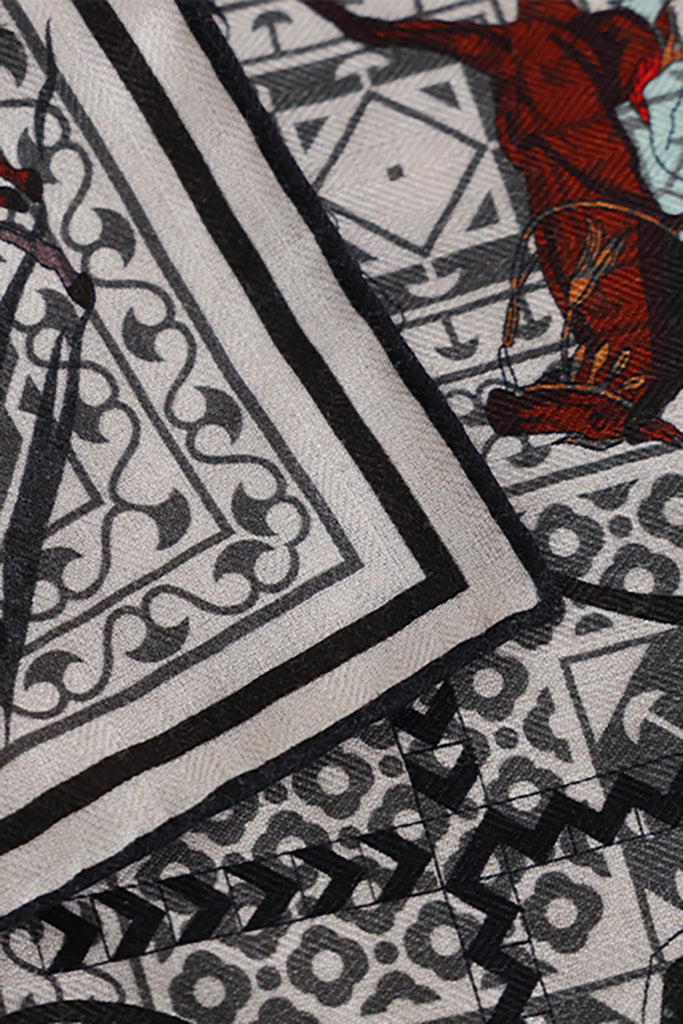 Vintage Wool-Silk Square Bandana with Warhorse Print  Fibflx