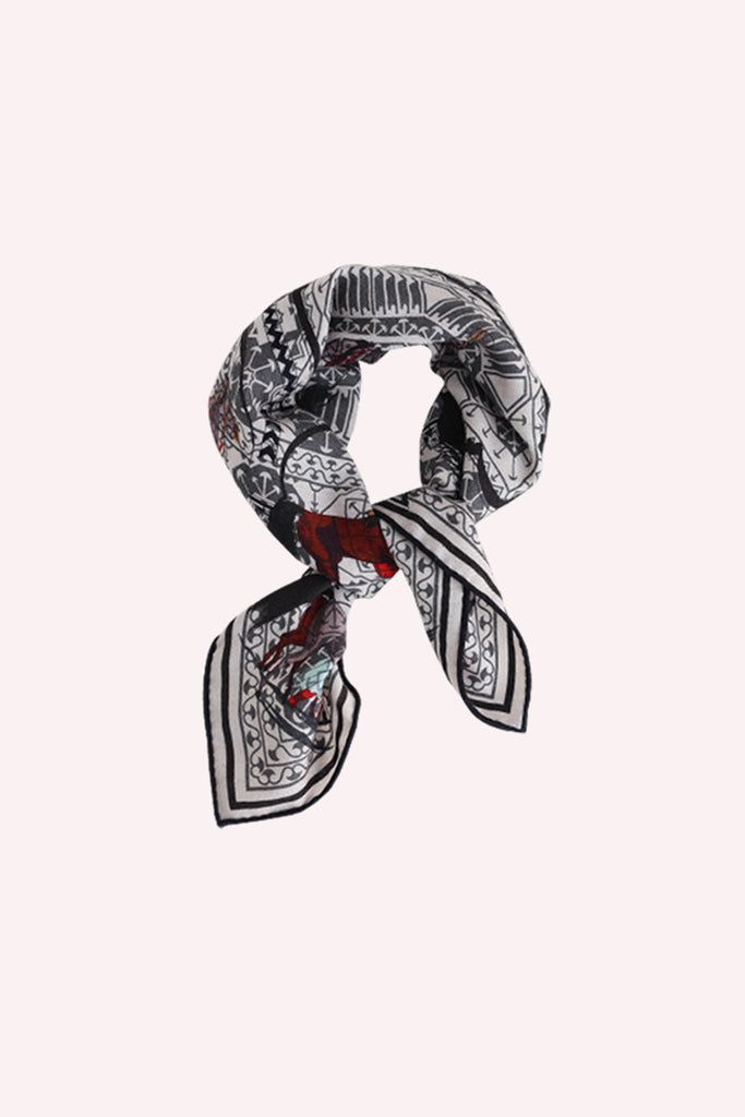 Vintage Wool-Silk Square Bandana with Warhorse Print  Fibflx