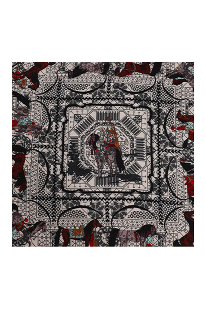 Vintage Wool-Silk Square Bandana with Warhorse Print  Fibflx