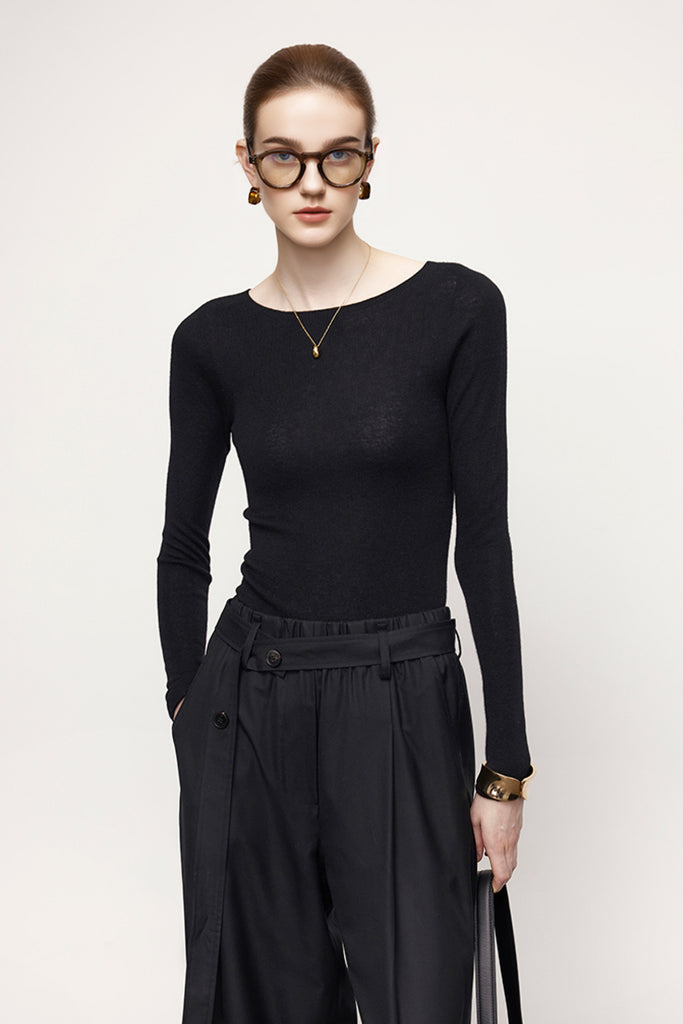 Washable Cashmere-Silk Fine-Knit Boatneck Sweater Black / L Fibflx
