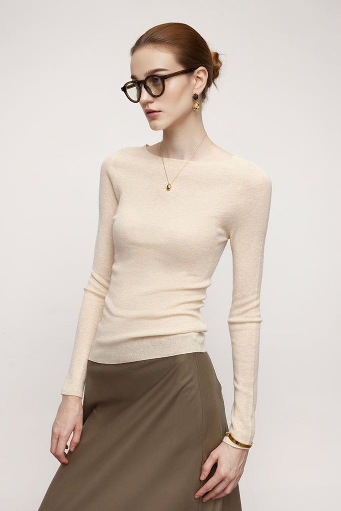 Washable Cashmere-Silk Fine-Knit Boatneck Sweater Oak Beige / L Fibflx