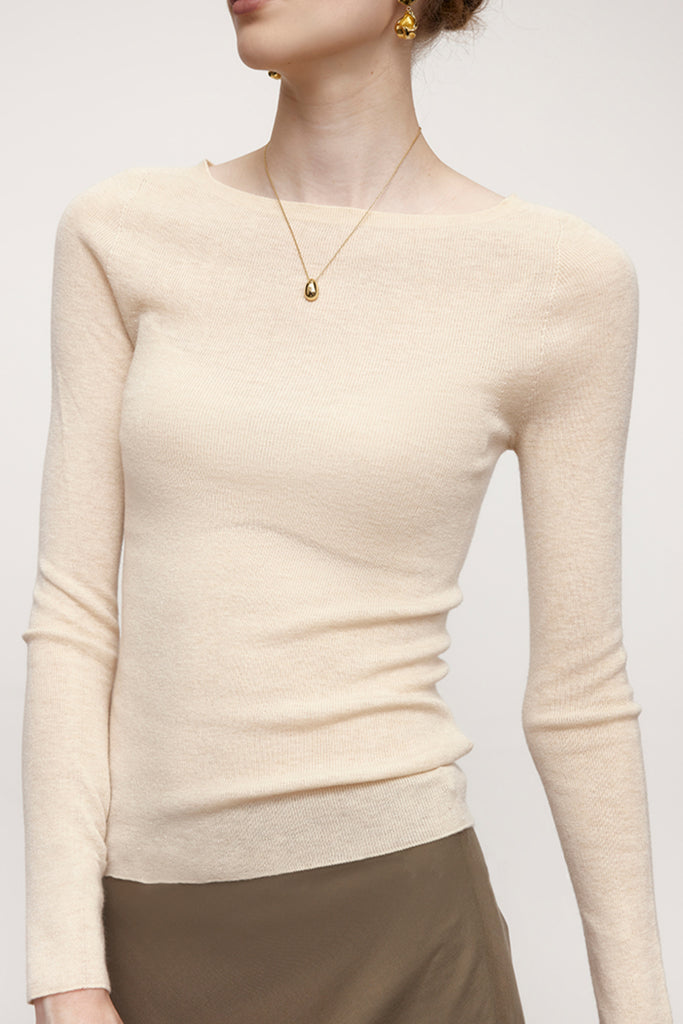 Washable Cashmere-Silk Fine-Knit Boatneck Sweater  Fibflx