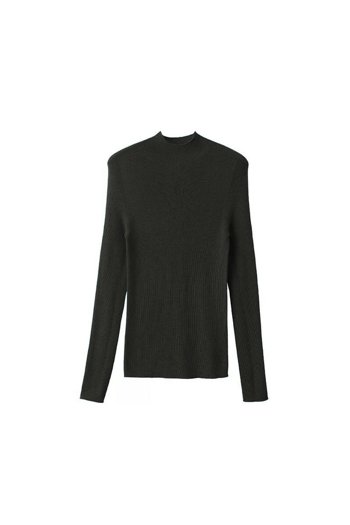 Washable Cashmere-Silk Fine-Knit Mock Neck Sweater Ash Olive / L Fibflx