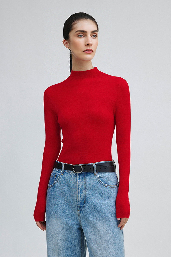 Washable Cashmere-Silk Fine-Knit Mock Neck Sweater Cherry Red / L Fibflx
