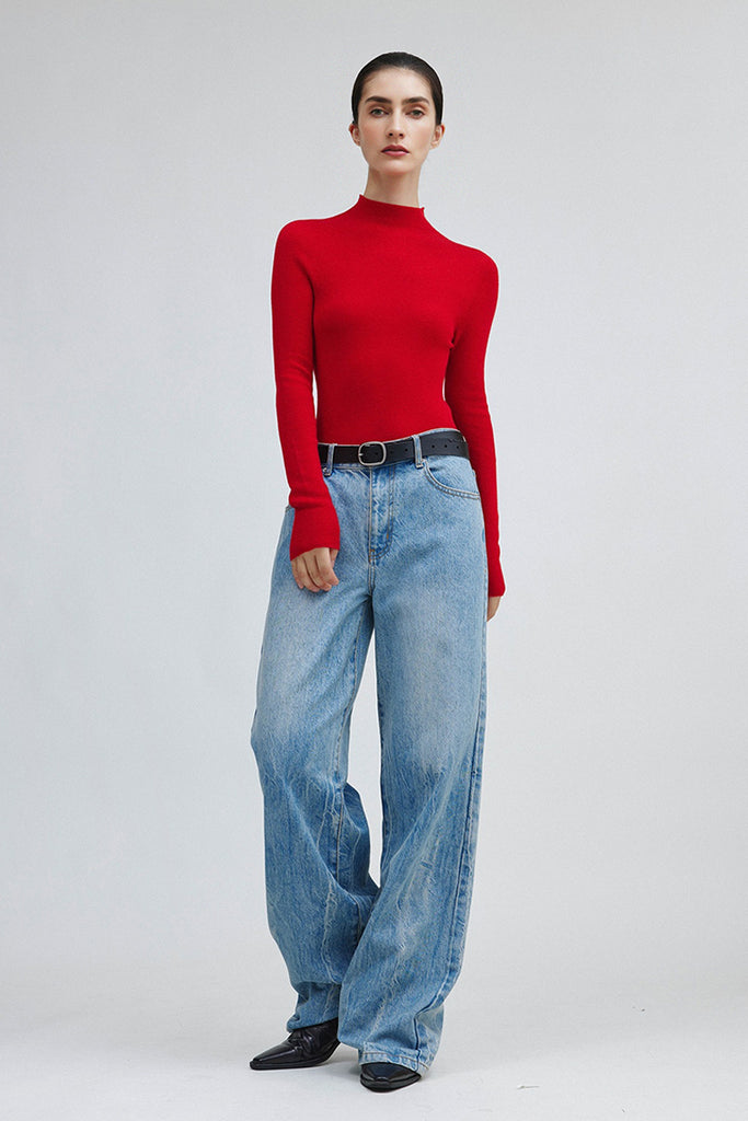 Washable Cashmere-Silk Fine-Knit Mock Neck Sweater  Fibflx