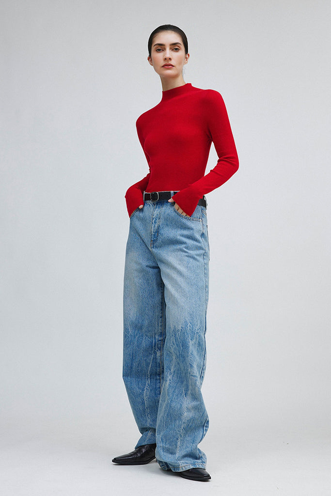 Washable Cashmere-Silk Fine-Knit Mock Neck Sweater  Fibflx