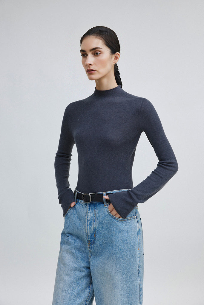 Washable Cashmere-Silk Fine-Knit Mock Neck Sweater Heather Dark Grey / L Fibflx