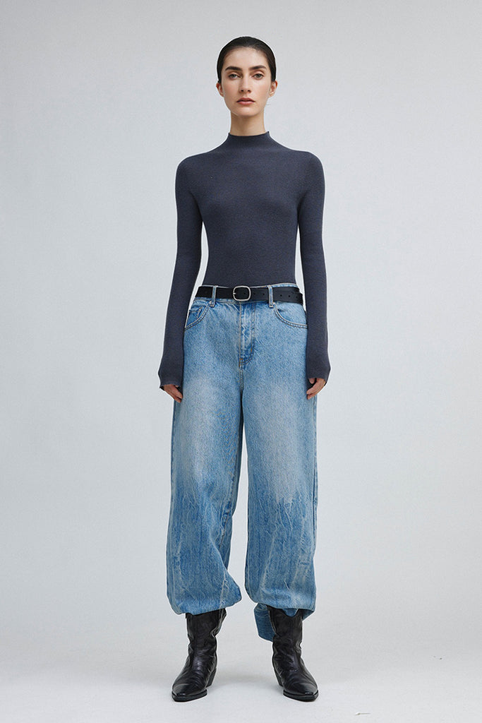 Washable Cashmere-Silk Fine-Knit Mock Neck Sweater  Fibflx