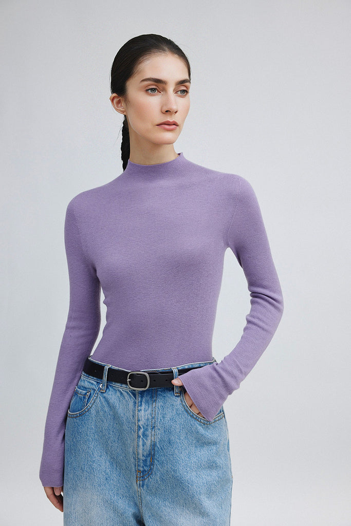 Washable Cashmere-Silk Fine-Knit Mock Neck Sweater Lilac Purple / L Fibflx