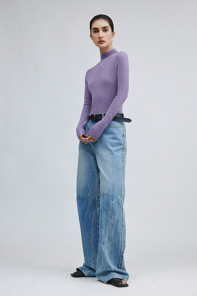 Washable Cashmere-Silk Fine-Knit Mock Neck Sweater  Fibflx