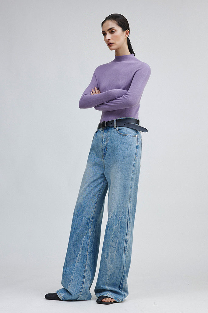 Washable Cashmere-Silk Fine-Knit Mock Neck Sweater  Fibflx