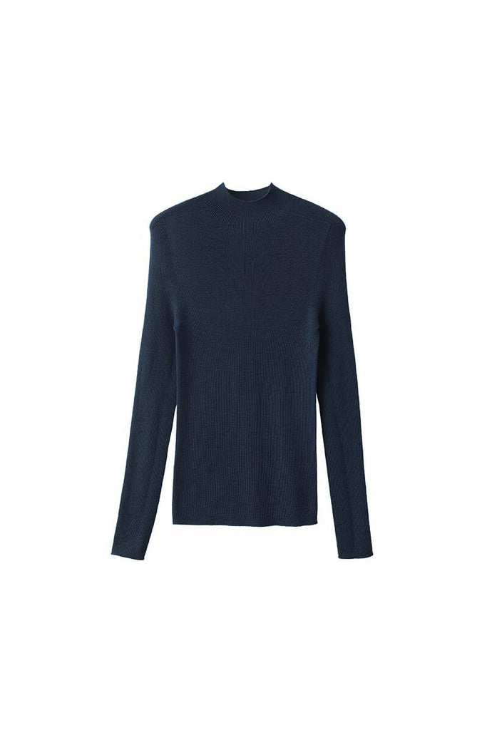 Washable Cashmere-Silk Fine-Knit Mock Neck Sweater Mid Night Blue / L Fibflx