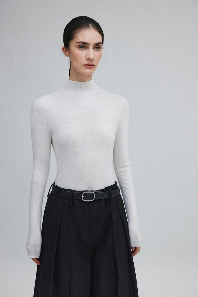 Washable Cashmere-Silk Fine-Knit Mock Neck Sweater White / L Fibflx