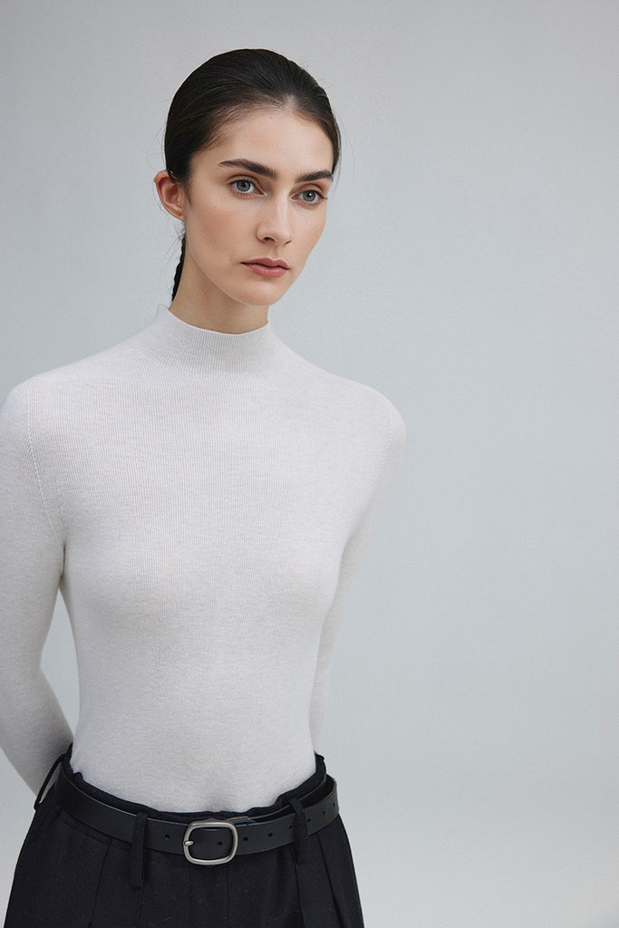 Washable Cashmere-Silk Fine-Knit Mock Neck Sweater  Fibflx