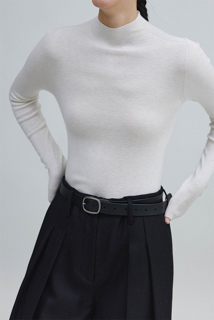 Washable Cashmere-Silk Fine-Knit Mock Neck Sweater  Fibflx