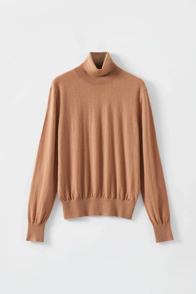 Washable Cashmere-Silk Fine-Knit Turtleneck Sweater Camel / M Fibflx