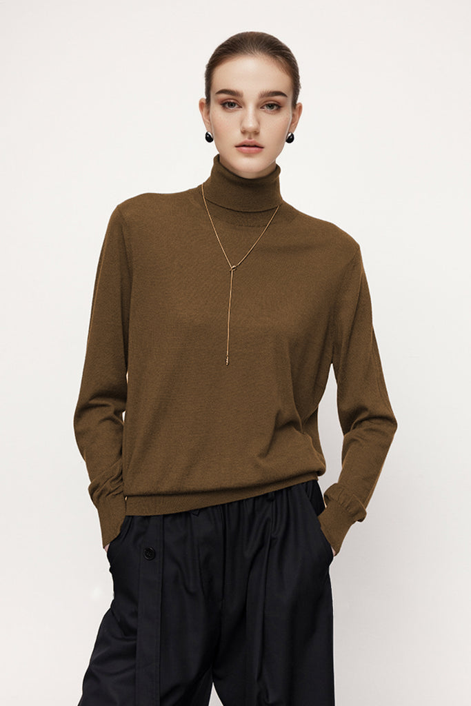 Washable Cashmere-Silk Fine-Knit Turtleneck Sweater Golden Brown / M / 36.8% Cashmere 27.3% Nylon 25.7 Fibflx