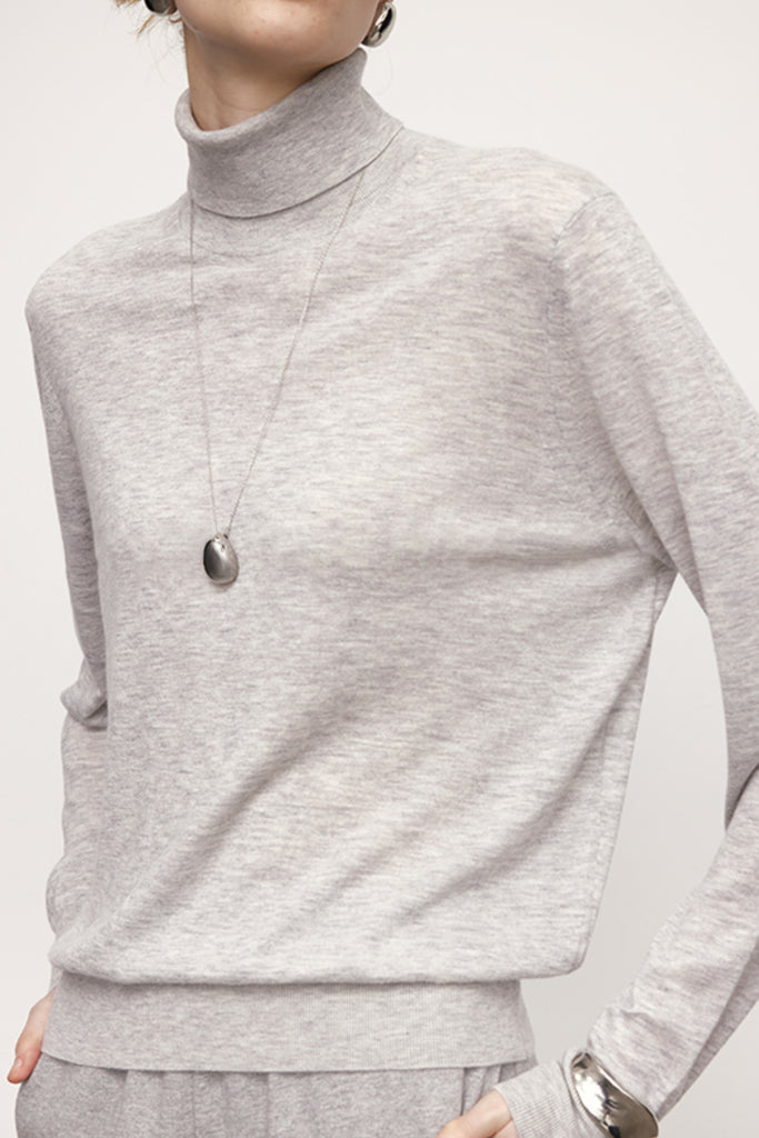 Washable Cashmere-Silk Fine-Knit Turtleneck Sweater Morning Fog Grey / M Fibflx