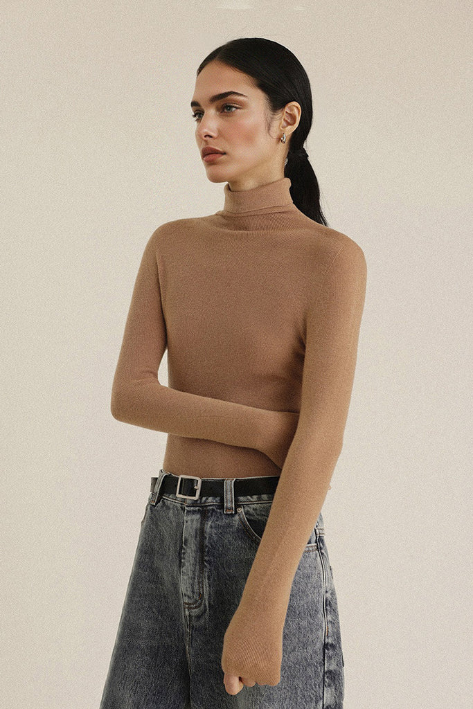 Washable Seamless Cashmere-Silk Turtleneck Sweater Camel / L Fibflx