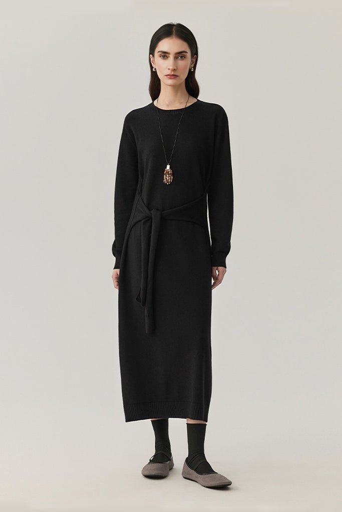 Washable Wool Long Sleeve Tie-Waist Midi Sweater Dress Black / M Fibflx