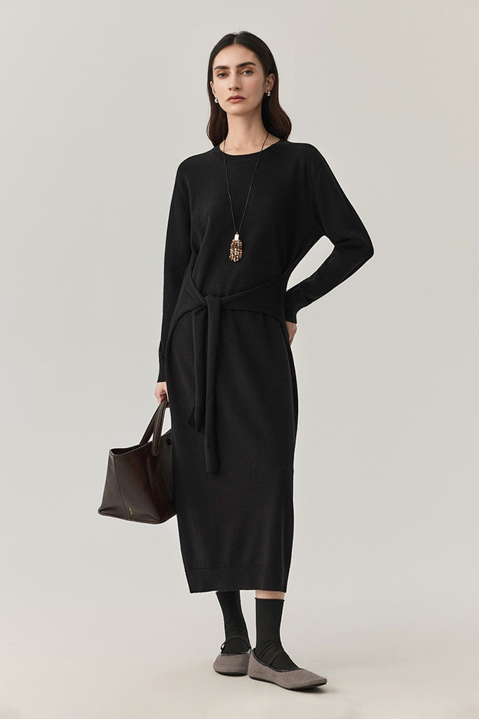 Washable Wool Long Sleeve Tie-Waist Midi Sweater Dress  Fibflx