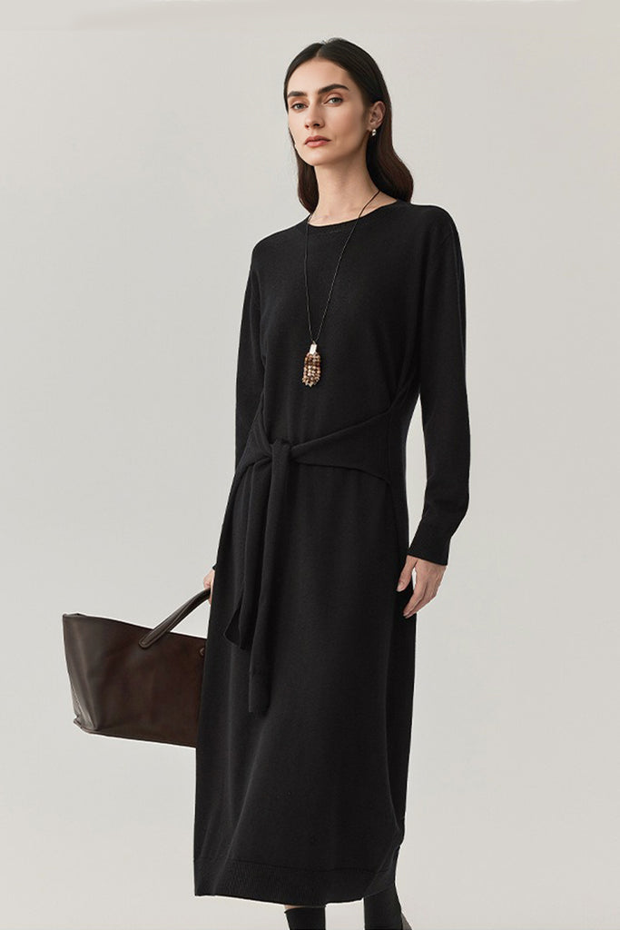 Washable Wool Long Sleeve Tie-Waist Midi Sweater Dress  Fibflx