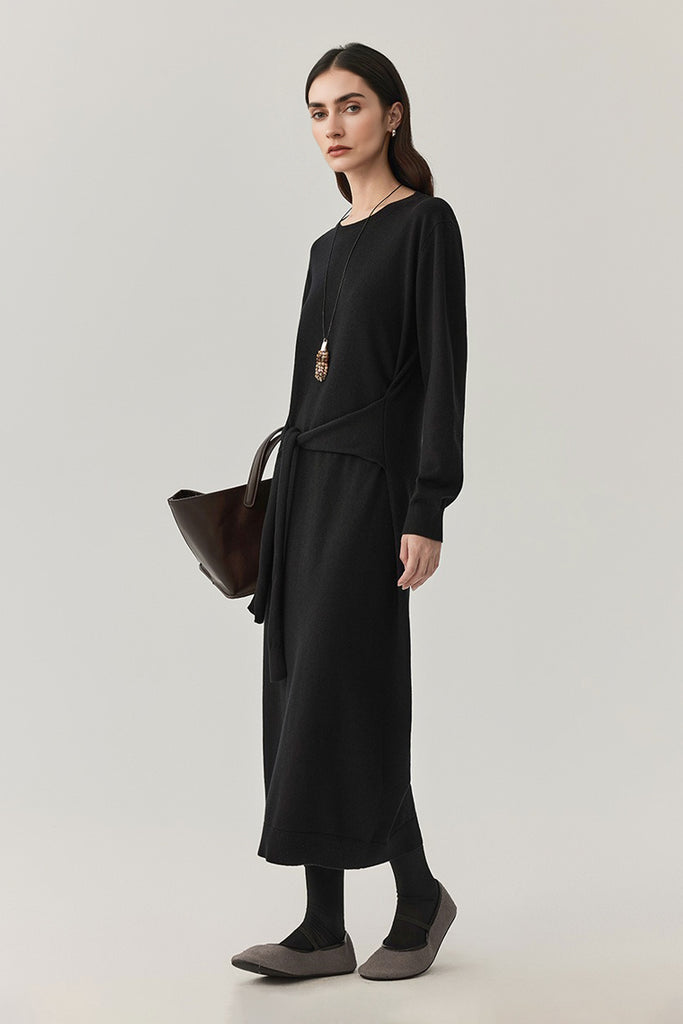Washable Wool Long Sleeve Tie-Waist Midi Sweater Dress  Fibflx