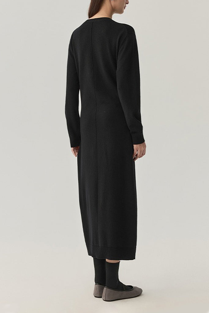 Washable Wool Long Sleeve Tie-Waist Midi Sweater Dress  Fibflx