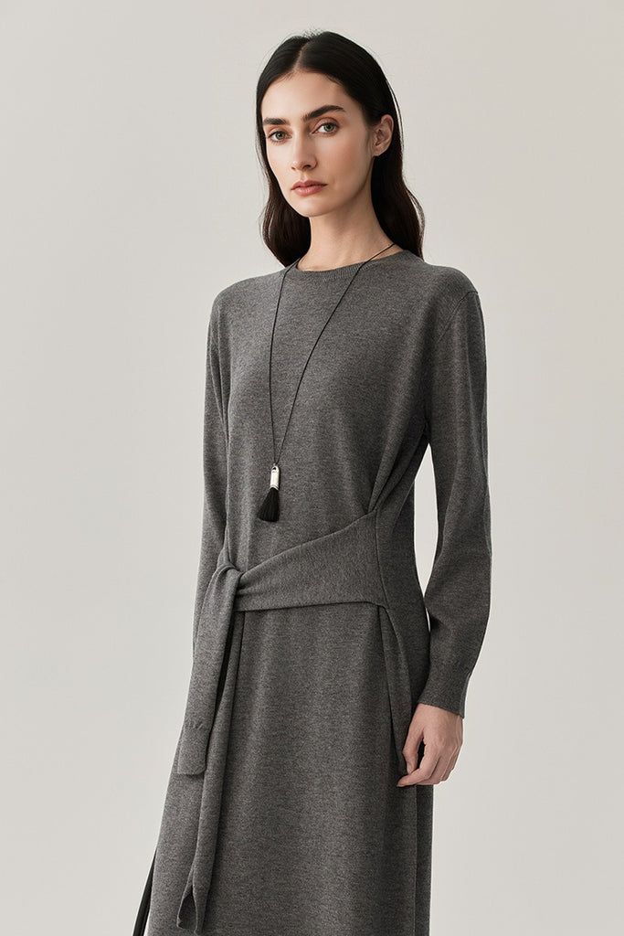 Washable Wool Long Sleeve Tie-Waist Midi Sweater Dress  Fibflx