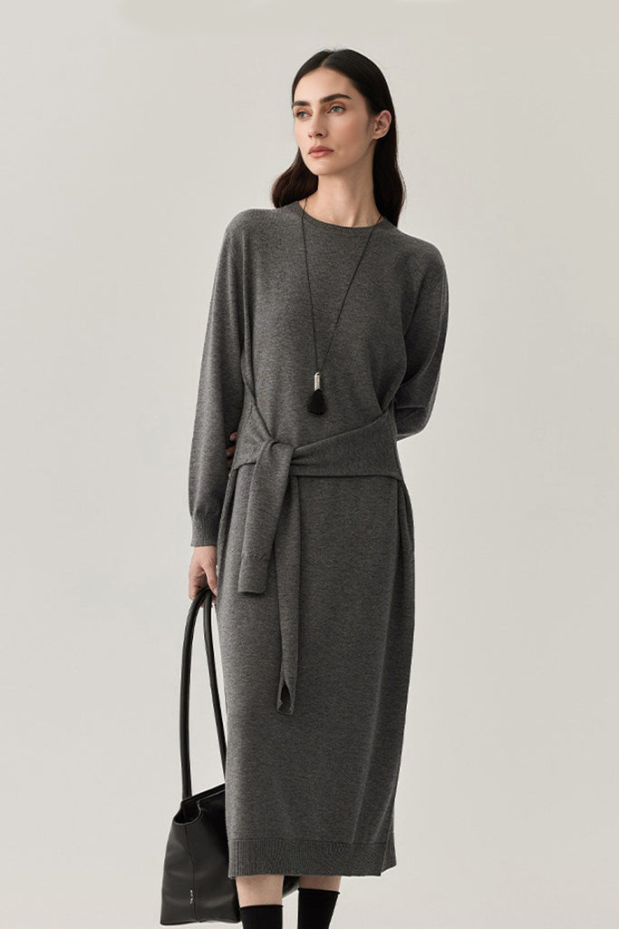 Washable Wool Long Sleeve Tie-Waist Midi Sweater Dress  Fibflx