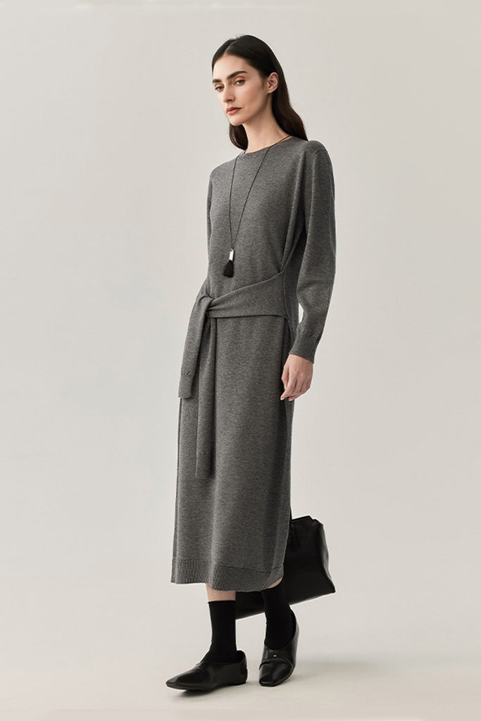 Washable Wool Long Sleeve Tie-Waist Midi Sweater Dress  Fibflx