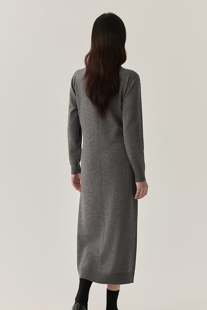 Washable Wool Long Sleeve Tie-Waist Midi Sweater Dress  Fibflx