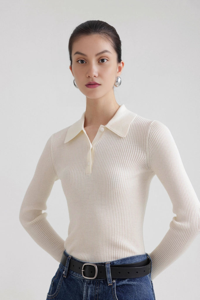 Washable Wool Rib Knit Long Sleeve Polo  Fibflx