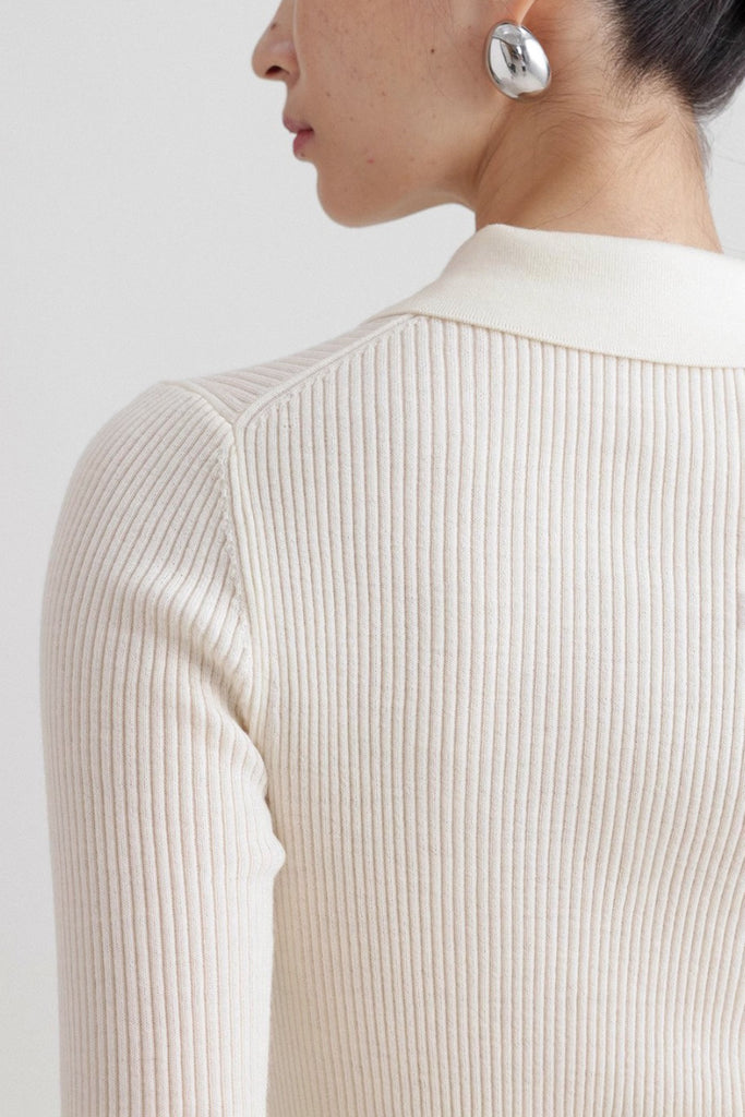 Washable Wool Rib Knit Long Sleeve Polo  Fibflx