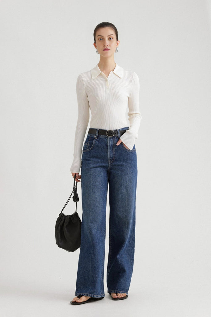 Washable Wool Rib Knit Long Sleeve Polo  Fibflx