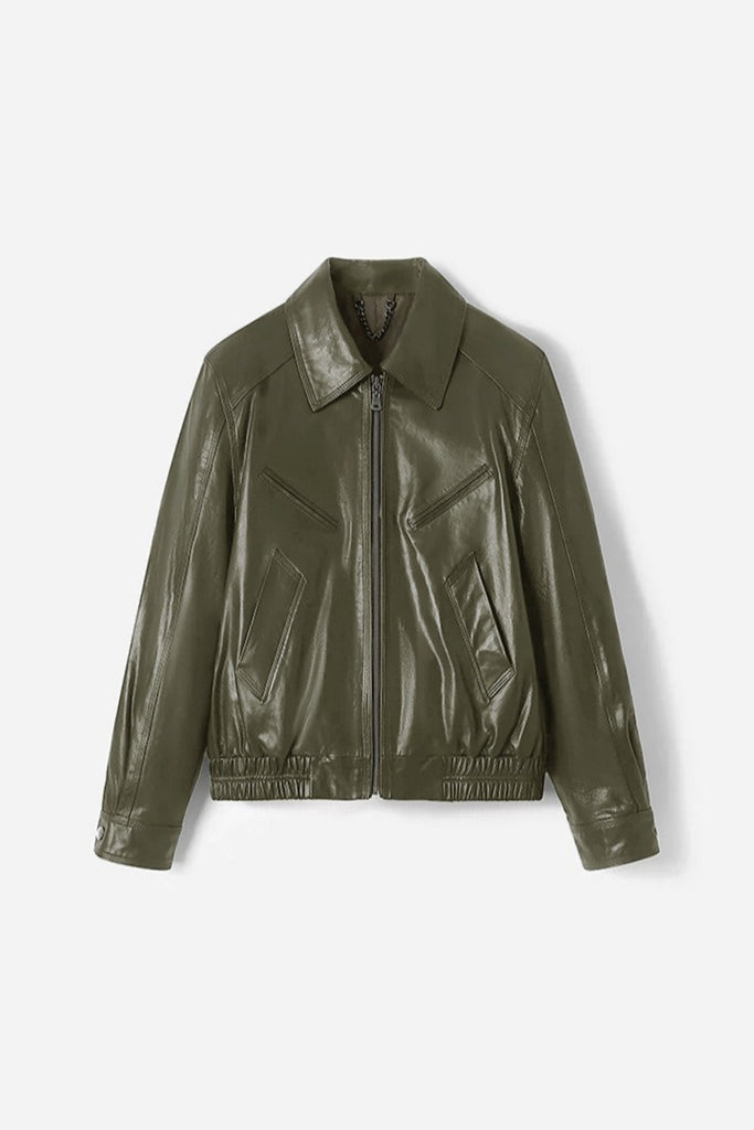 Waxed Lambskin Leather Zip-Up Bomber Jacket  Fibflx