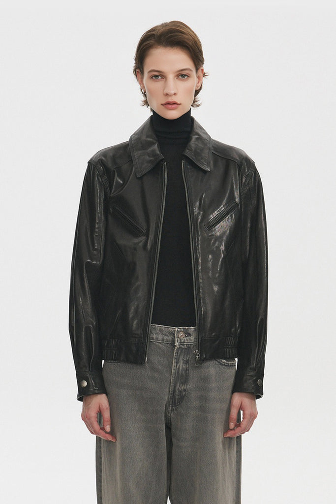 Waxed Lambskin Leather Zip-Up Bomber Jacket  Fibflx