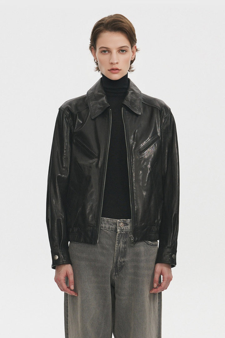 Waxed Lambskin Leather Zip-Up Bomber Jacket  Fibflx