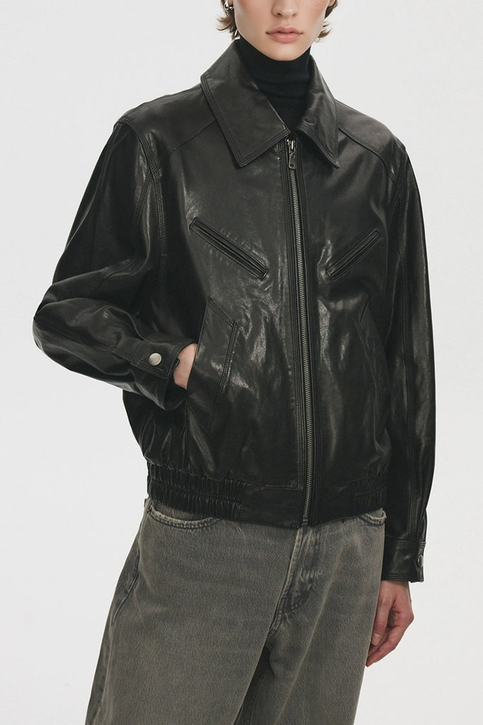 Waxed Lambskin Leather Zip-Up Bomber Jacket  Fibflx