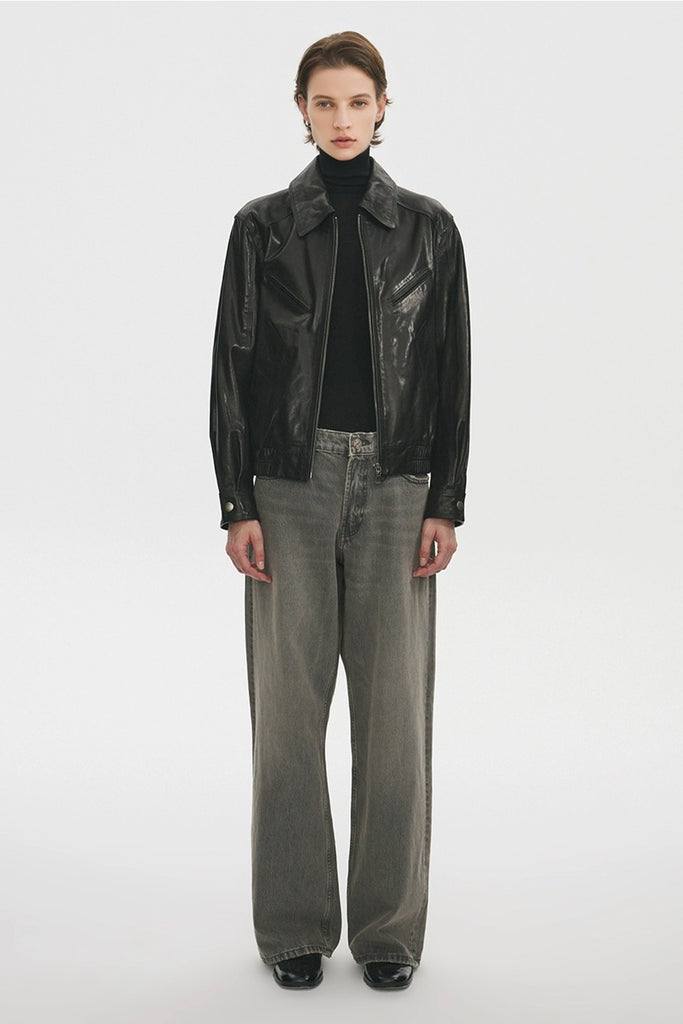 Waxed Lambskin Leather Zip-Up Bomber Jacket  Fibflx